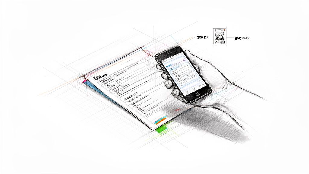 A sketch shows a hand holding a smartphone scanning a document for digital conversion.
