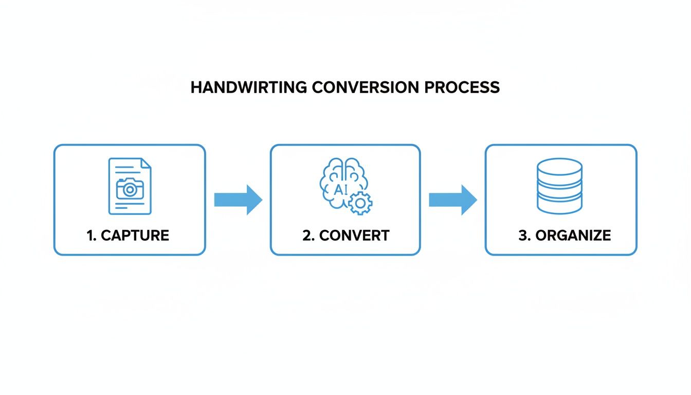 A flowchart depicting the handwriting conversion process: capture, AI conversion, and data organization.