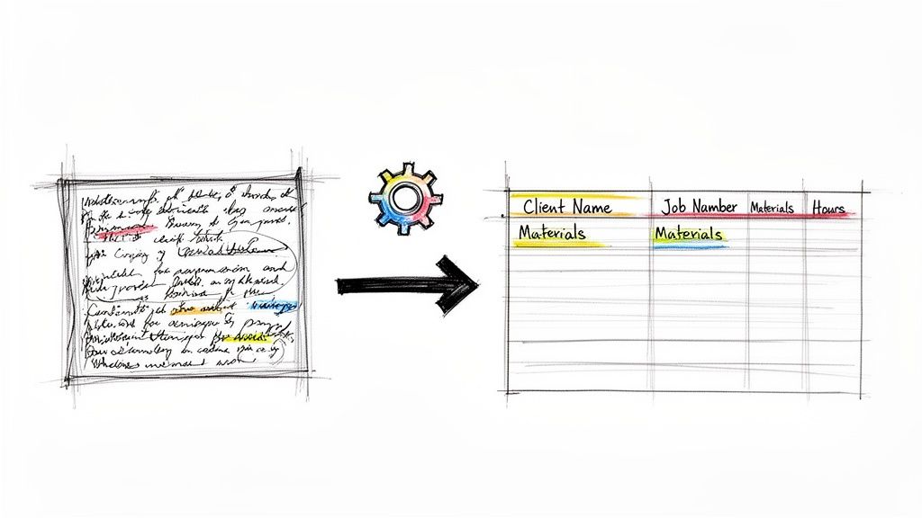 Illustration of converting messy handwritten notes into a clean, organized digital table.