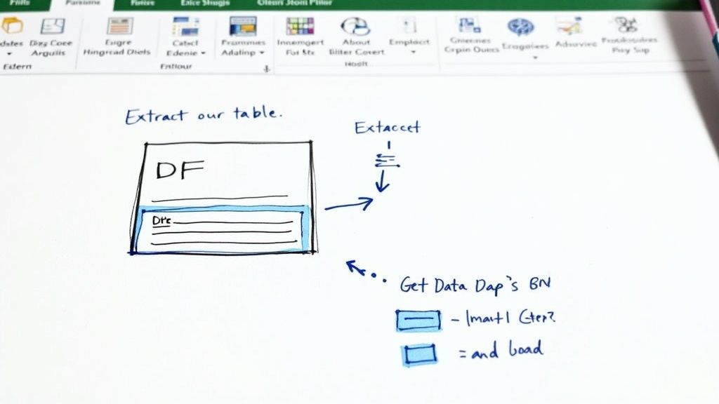 Hand-drawn diagram showing process of extracting table data from PDF using Excel software