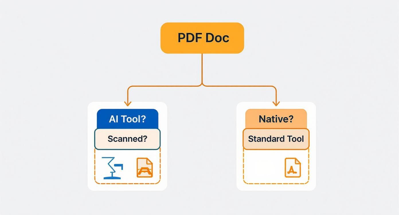 Flowchart showing PDF document processing decision tree with AI tool versus native standard tool options