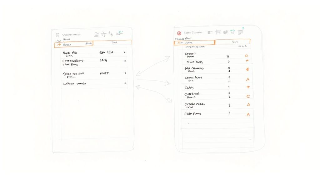 Two software interface mockups showing data transformation from column-based layout to structured table format
