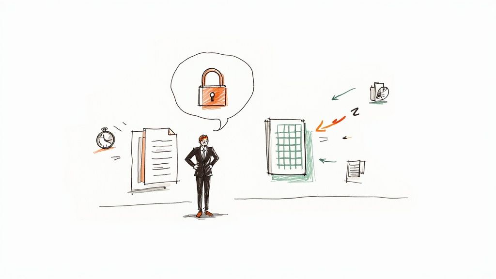 Business professional thinking about data security while converting PDF documents to Excel spreadsheets