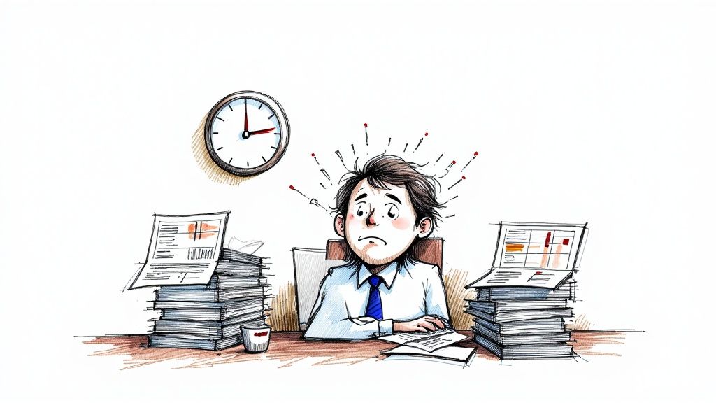 A person looking stressed while working on a laptop with piles of paper documents surrounding them.