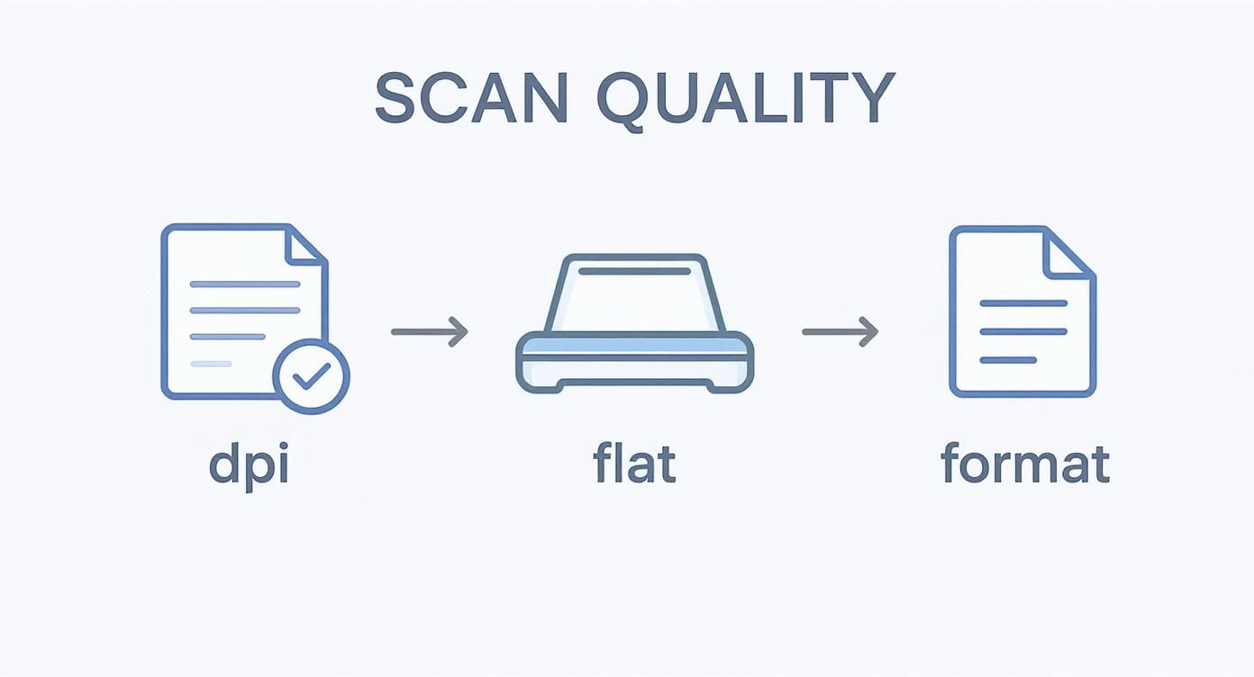 Infographic showing a three-step process for scan quality: setting high DPI, using a flatbed scanner, and choosing the right file format.