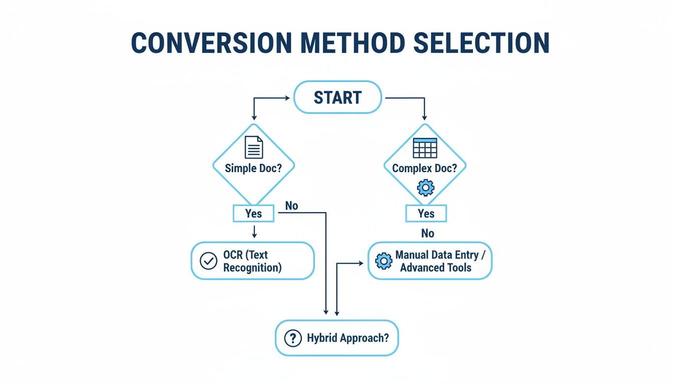 Flowchart illustrating conversion method selection for simple and complex documents, including OCR, manual, and hybrid approaches.