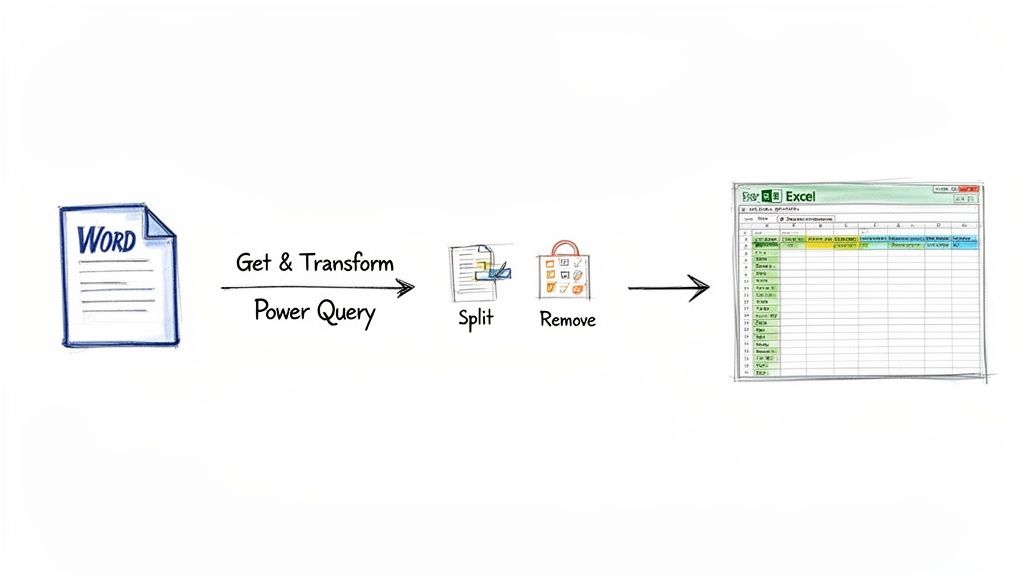 Diagram illustrating the conversion process from a Word document to an Excel spreadsheet using Power Query for data transformation.