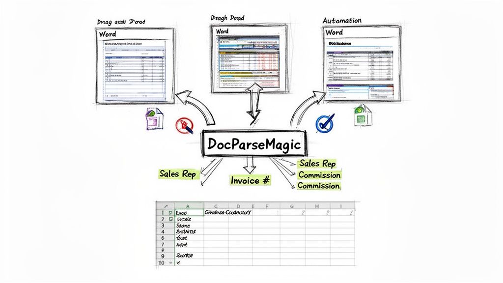 DocParseMagic converts data from Word documents, extracting sales rep, invoice, and commission details into Excel.