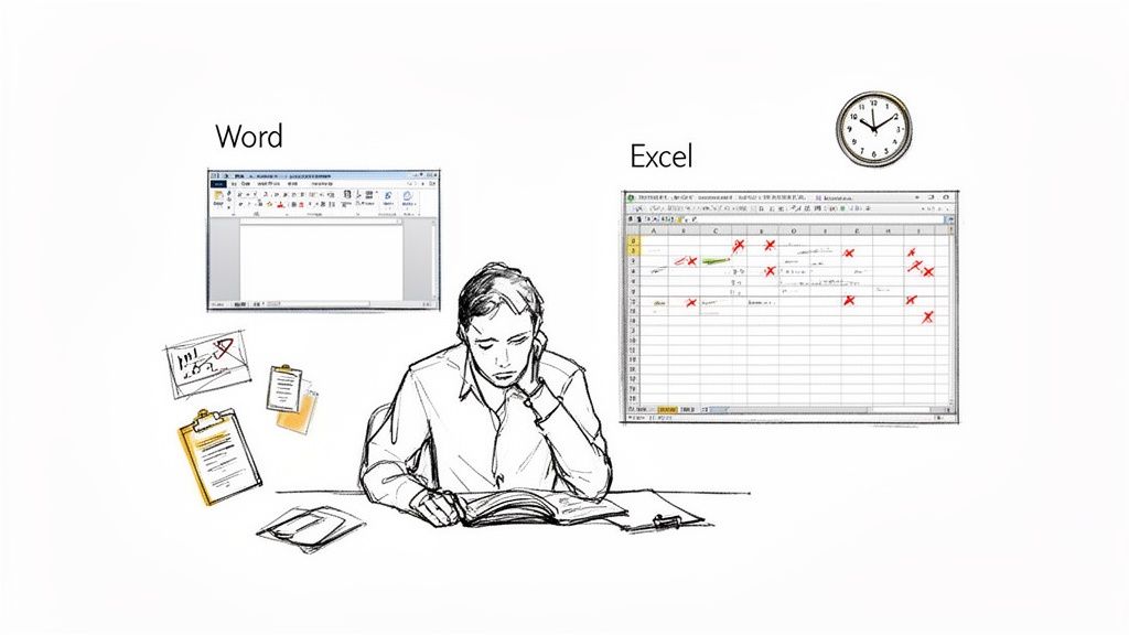 Illustration of a person concentrating on work, with Word and Excel interfaces, papers, and a clock.