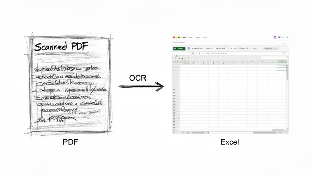 A diagram illustrating OCR conversion from a scanned PDF document with handwritten data to an Excel spreadsheet.