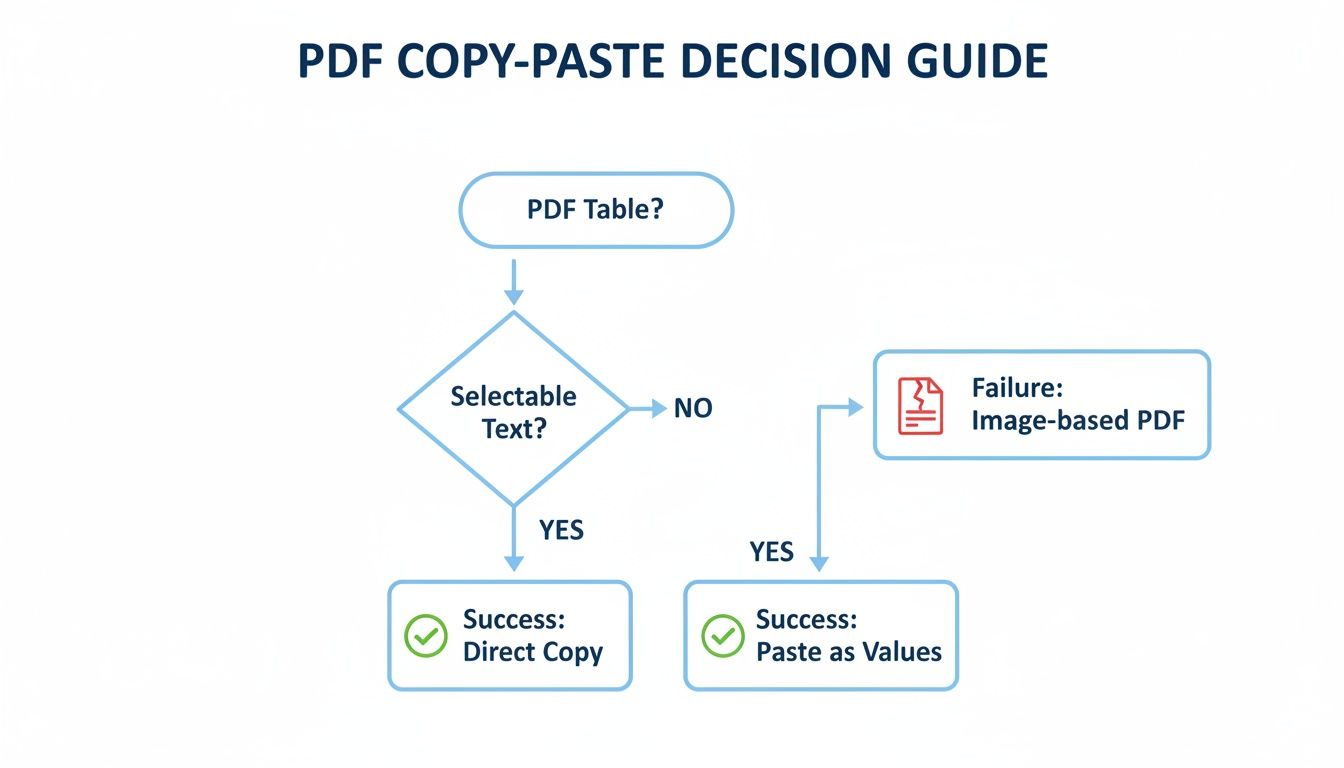Flowchart guiding users on how to copy and paste tables from a PDF, detailing success and failure scenarios.