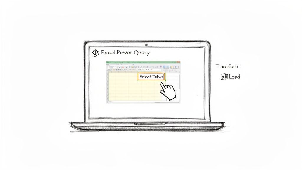 A sketch of a laptop displaying Excel Power Query to select a table for data import.