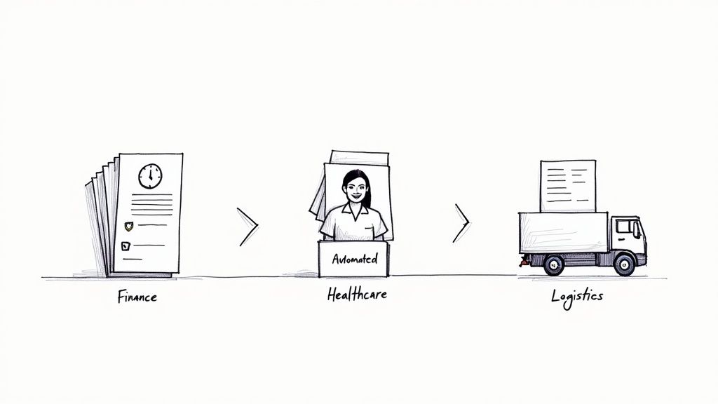 Hand-drawn illustration showing a business workflow from finance documents, through automated healthcare, to logistics delivery.
