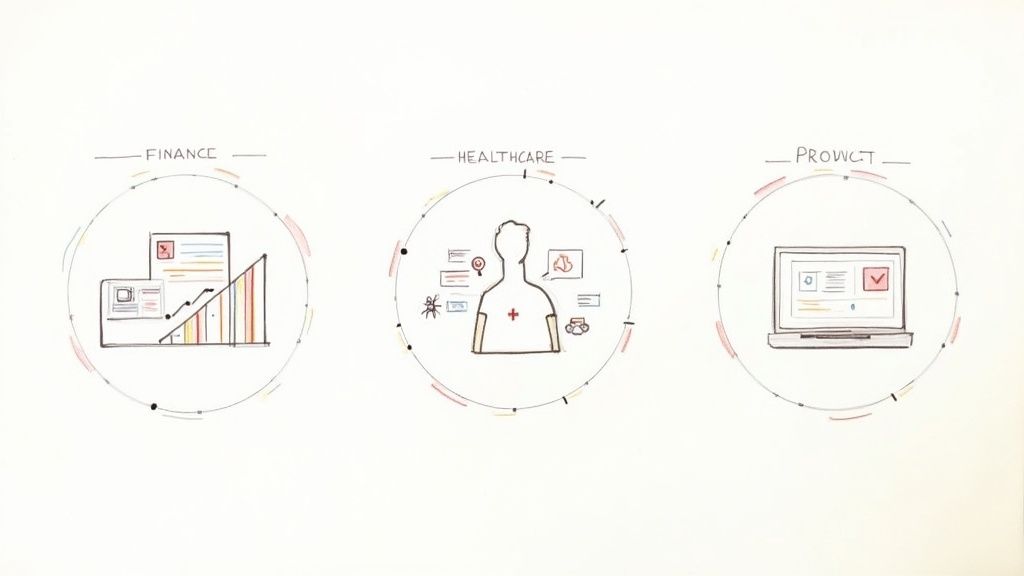 Three diagrams illustrating data processing and insights across finance, healthcare, and product sectors.