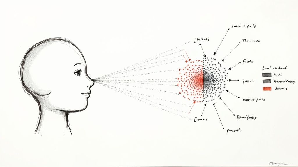 A diagram shows a person's head connected to a cluster of red and black conceptual points with labels.