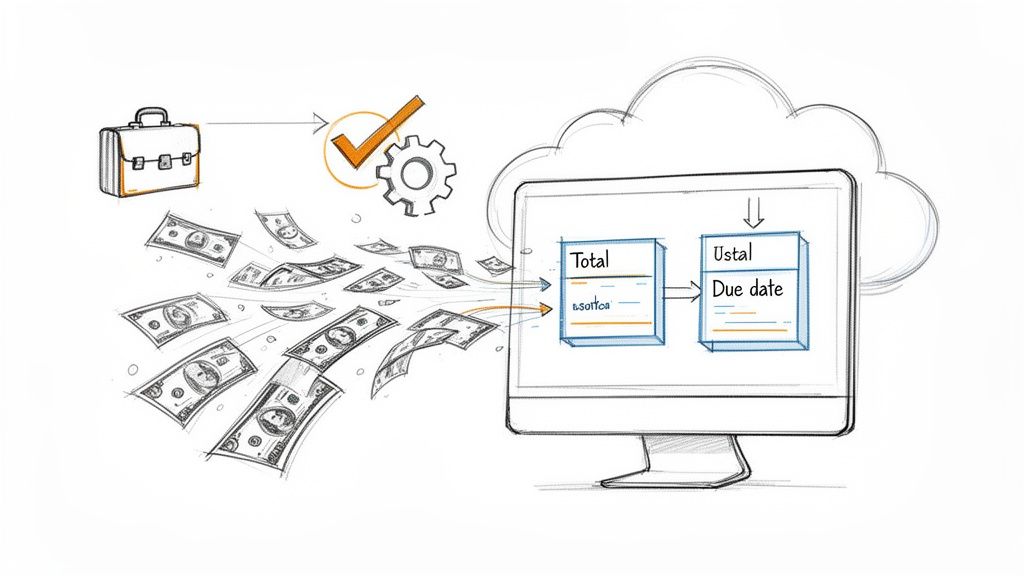 Sketch showing money flowing from a briefcase into a computer processing financial data like total and due date.