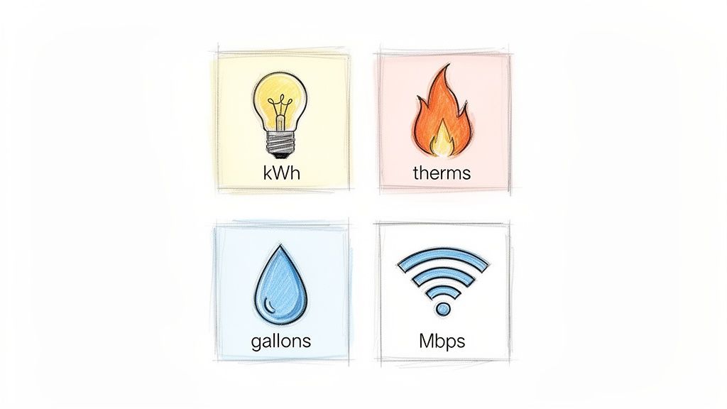 Four icons representing common utility services with their respective units: electricity (kWh), natural gas (therms), water (gallons), and internet (Mbps).
