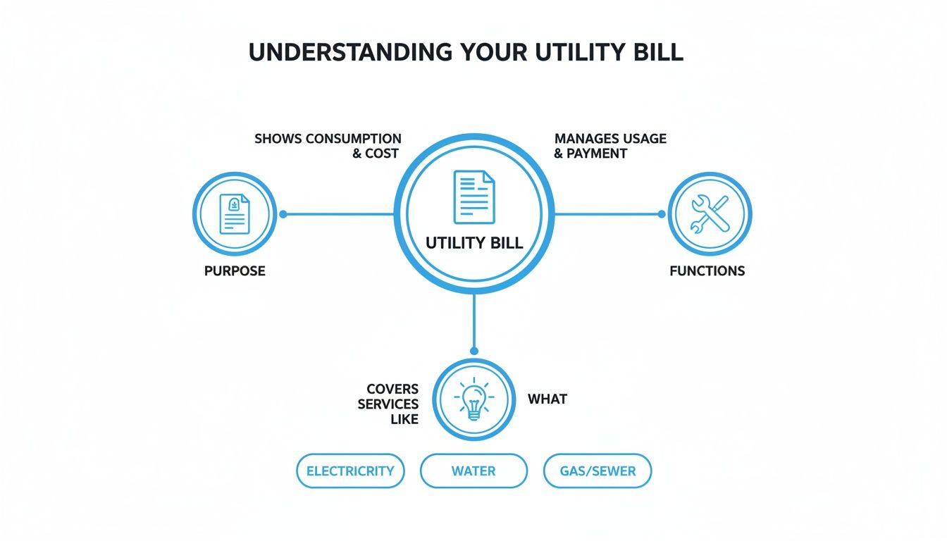 Diagram detailing a utility bill's purpose, functions, and covered services like electricity, water, and gas.