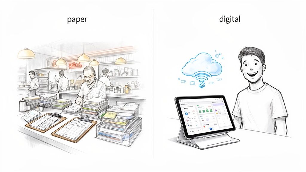 Visual comparison of traditional paper-based accounting in a diner versus efficient digital management on a tablet with cloud.