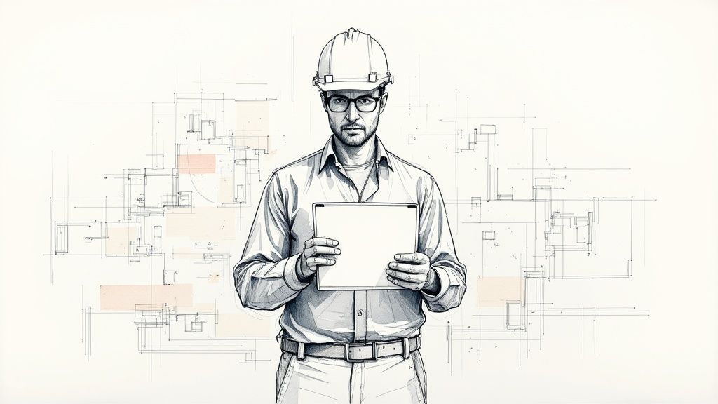 A person at a construction site accessing blueprints on a tablet, showcasing the real-world benefits of a DMS.