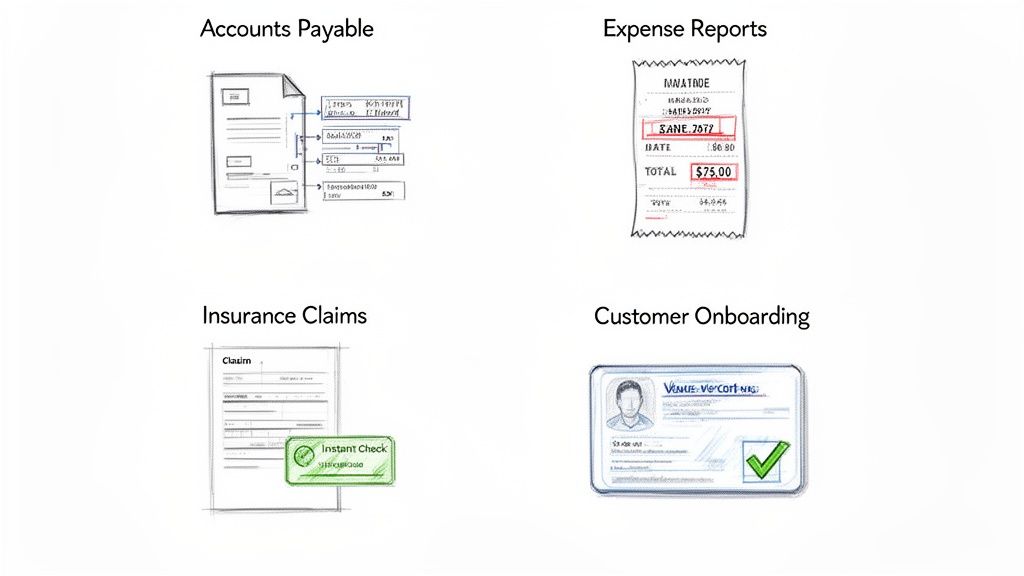 Sketches illustrating automated document processing for accounts payable, expense reports, insurance claims, and customer onboarding.