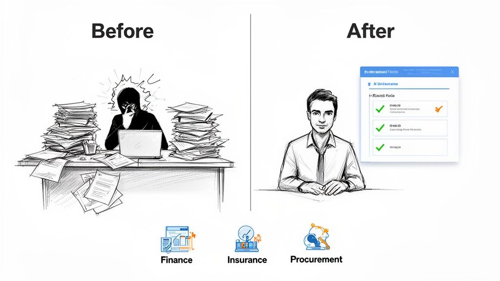 Before: a stressed worker buried in paper documents. After: a calm man with a digital document automation screen.