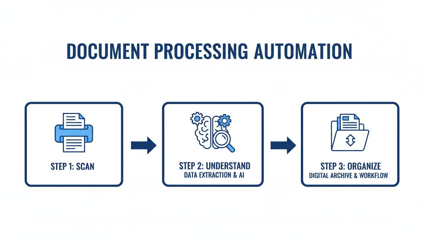 A three-step diagram illustrating document processing automation, including scanning, AI data extraction, and digital archive organization.