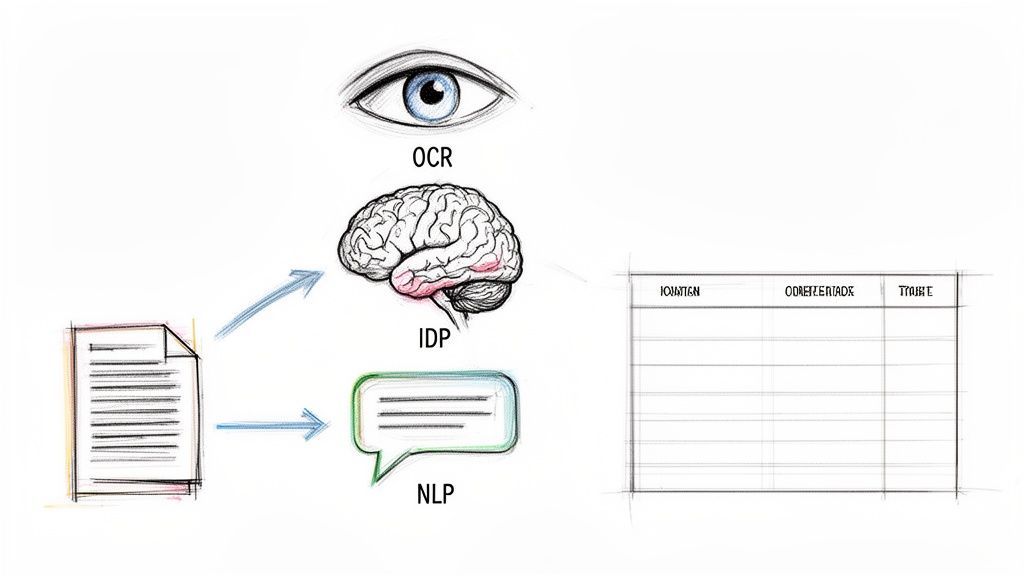 A diagram illustrating intelligent document processing (IDP) workflow with OCR, NLP, and structured data output.