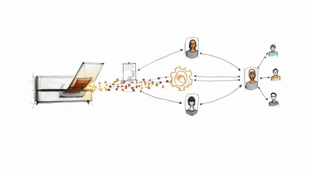 An illustration showing a document being scanned and processed through a digital workflow.