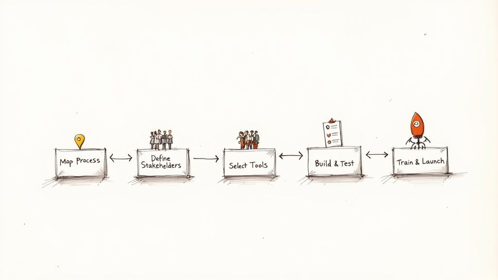 A hand-drawn diagram illustrating a five-step workflow process from mapping to launch.