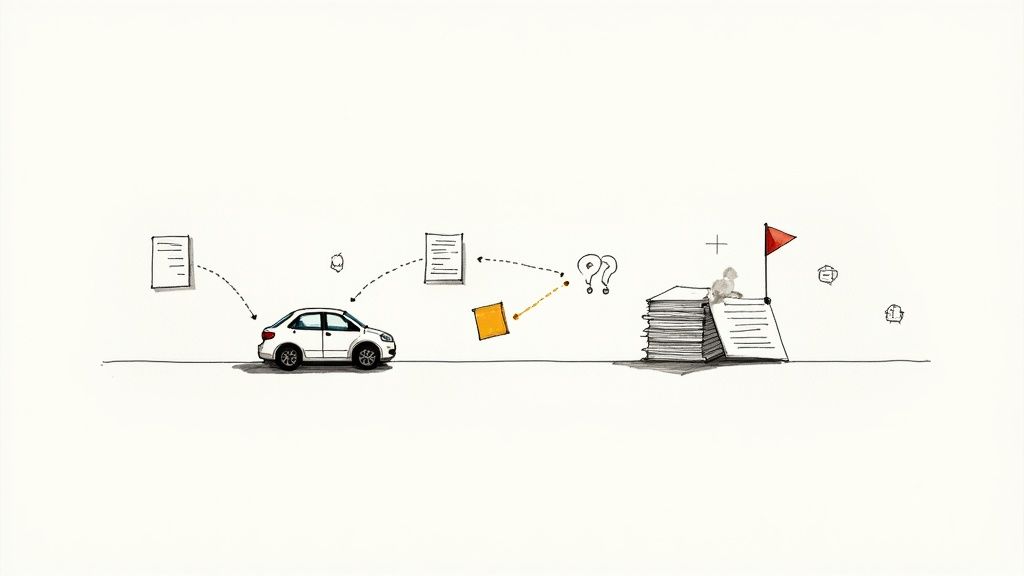 Illustration of a car navigating a document workflow, moving through tasks towards a finished goal.