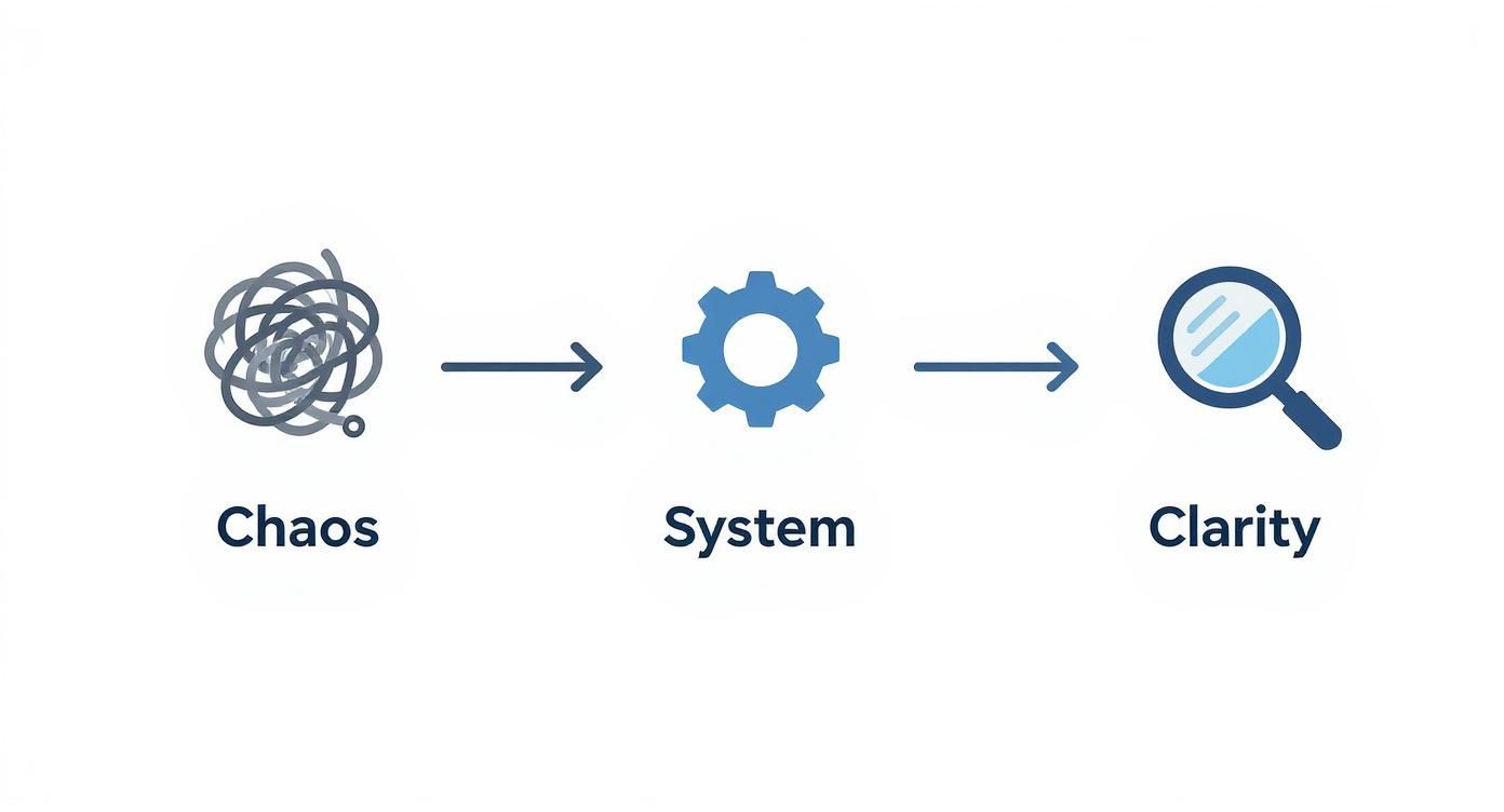 A visual workflow showing tangled lines of chaos leading to a system gear, then to a clarity magnifying glass.