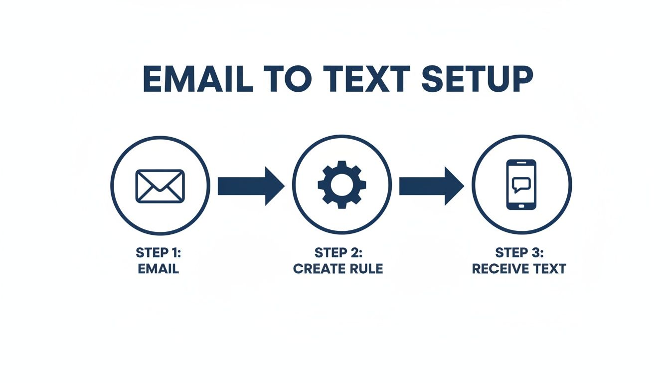 A diagram showing the three-step process for email to text message setup.