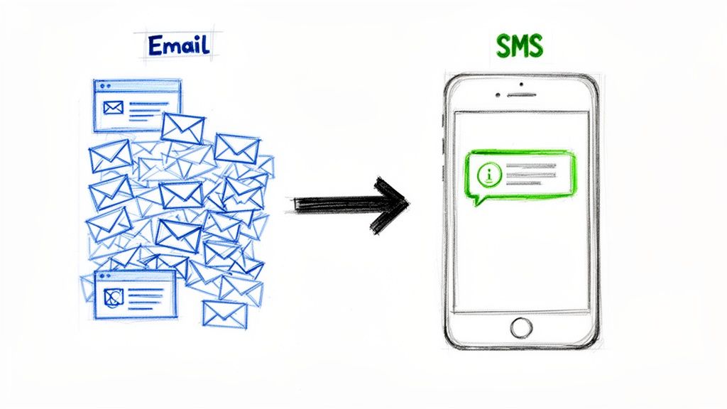 Visual comparison showing a large volume of emails transforming into one concise SMS message on a phone.