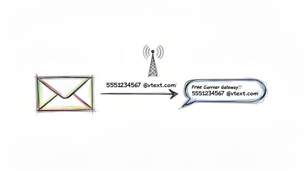 An email envelope transforms into a text message via a carrier gateway, illustrating email-to-text conversion.