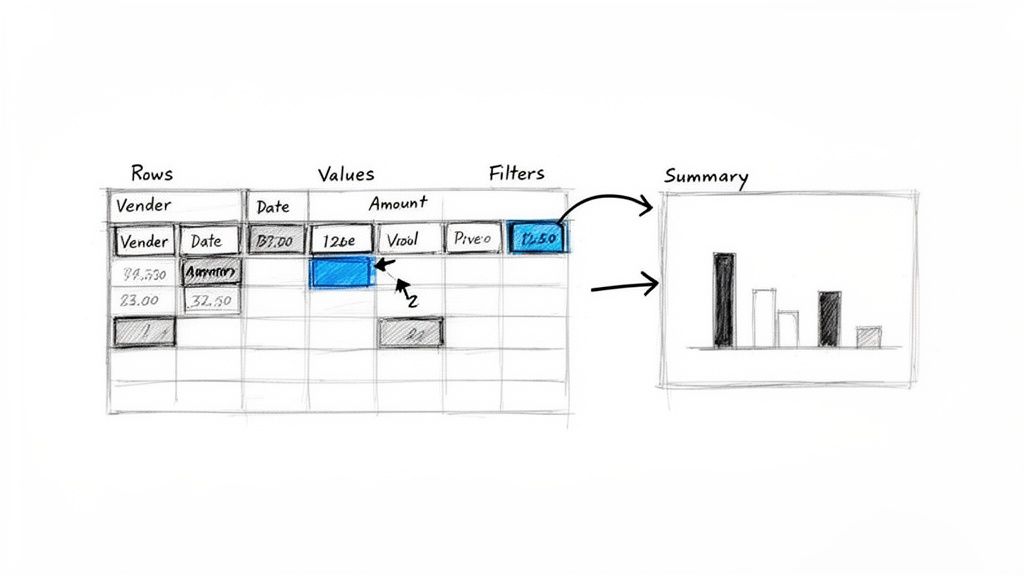 Sketch of a spreadsheet-like interface with rows, values, filters, and a resulting bar chart summary.