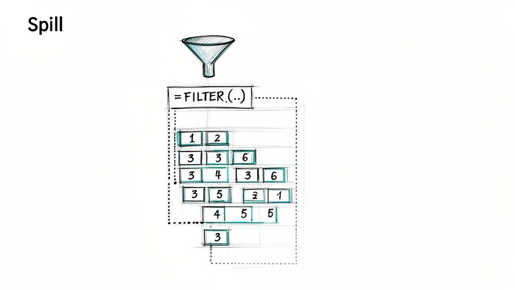 Diagram showing an Excel FILTER function with a funnel, illustrating data 'spilling' into multiple cells.