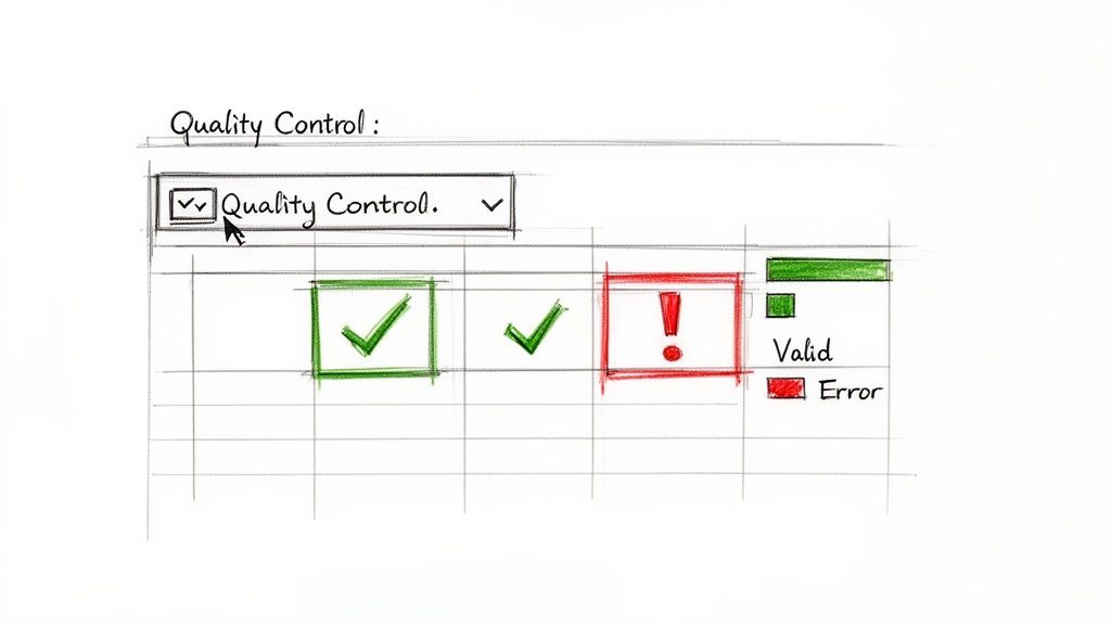 Sketch illustrating a Quality Control process with a dropdown, valid checks, and error indicators.