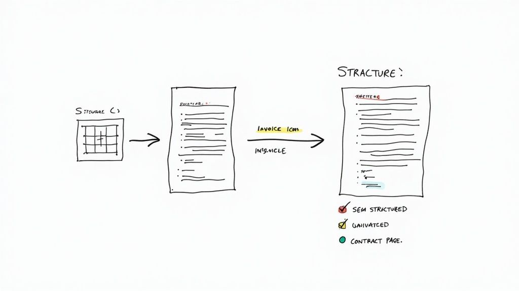 A person at a desk sorting through different types of documents like invoices and forms, with digital icons representing data points floating above them.