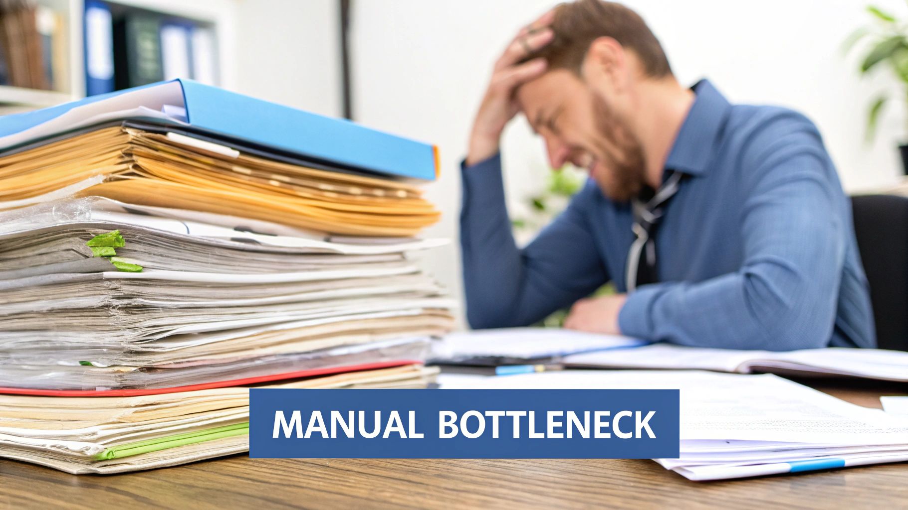 A person sitting at a desk, looking stressed while surrounded by stacks of paper invoices, contrasting with a clean, digital interface on their computer screen.
