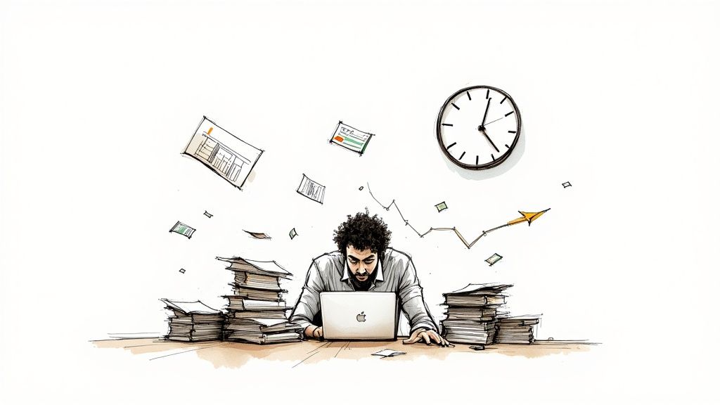 A person looking stressed while working on a laptop with scattered papers.