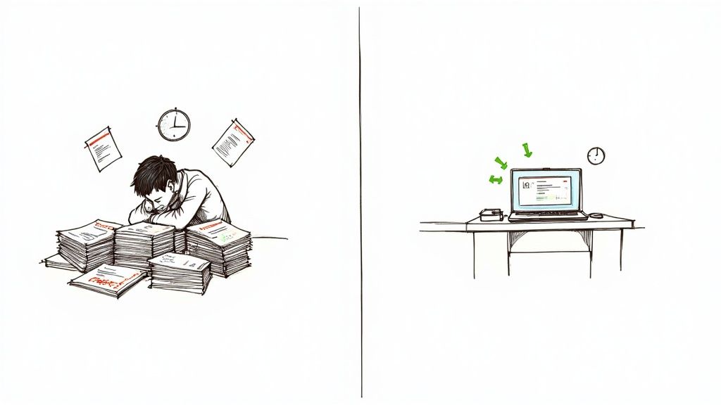 A person looking frustrated while working on a laptop with papers scattered around.