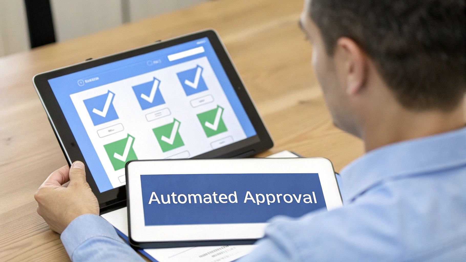 A digital flowchart showing an invoice icon moving through validation checks and approval steps to a final payment icon.
