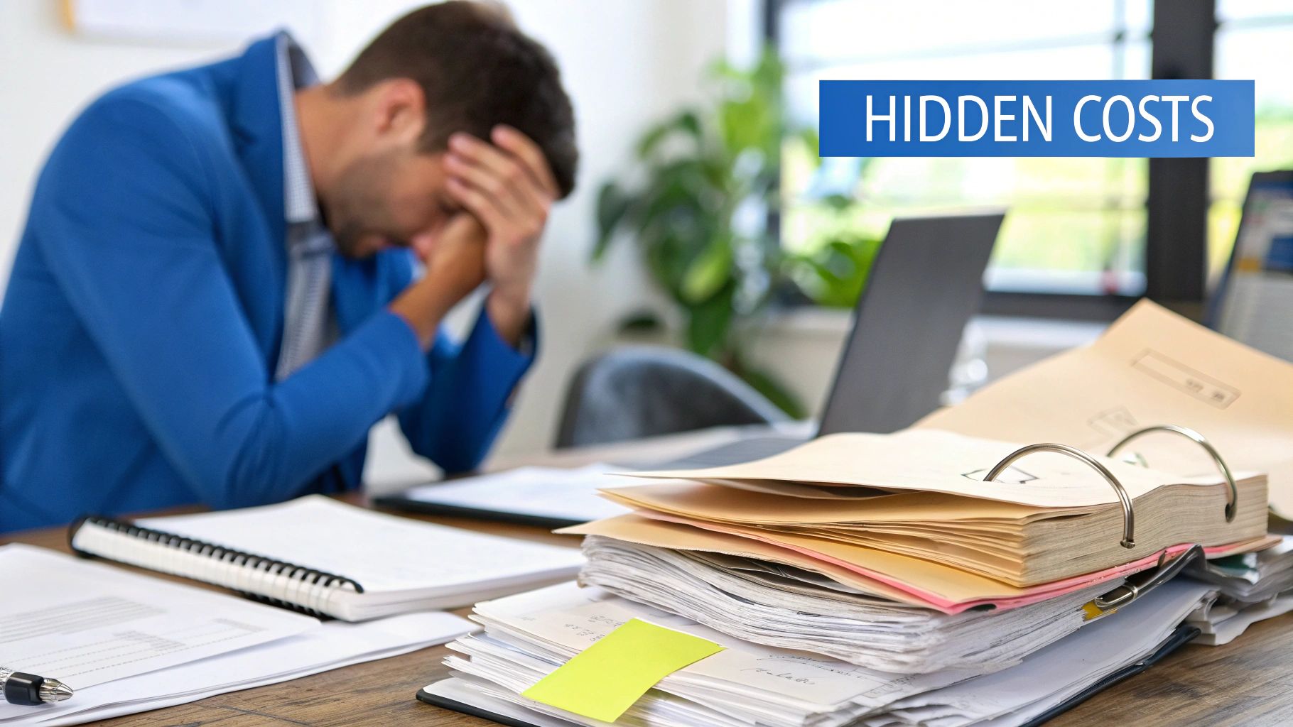 A person at a desk looking stressed while surrounded by stacks of paper invoices, with a glowing digital in-voice icon in the foreground symbolizing automation.