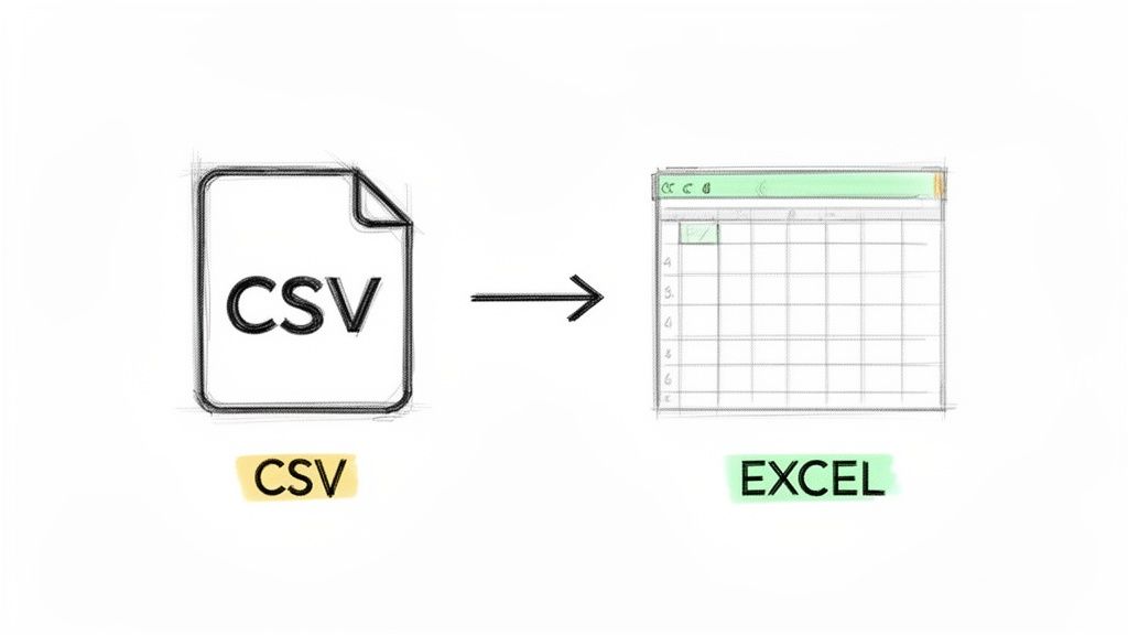 An illustration showing a CSV file icon converting to an Excel spreadsheet icon, with an arrow in between.