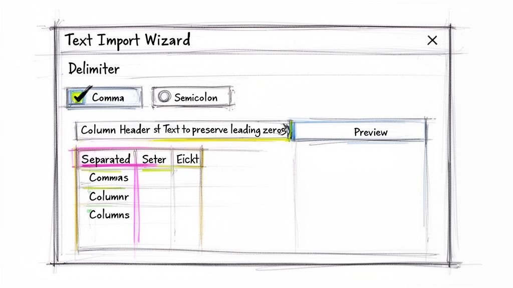 A hand-drawn sketch of a text import wizard with delimiter options and data preview.