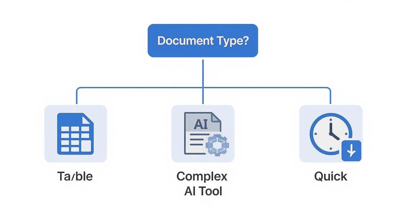 Flowchart showing three document type options: table spreadsheet, complex AI tool, and quick clock icon
