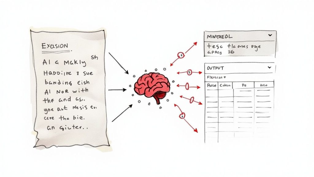 Brain illustration showing data extraction process from document to spreadsheet output table
