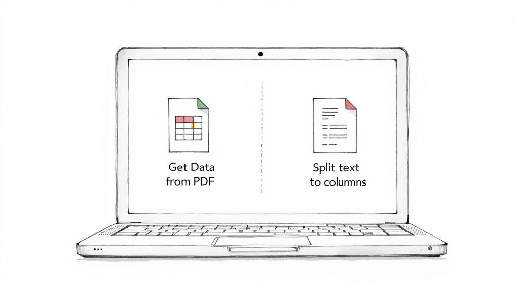Laptop screen displaying PDF data extraction and text column splitting software interface