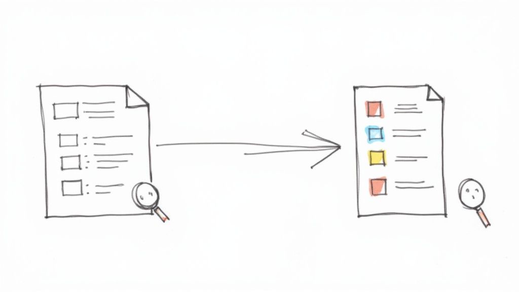 Document with checkboxes transforming into color-coded spreadsheet rows with magnifying glass showing data conversion process